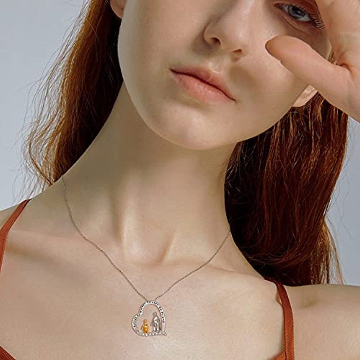 Sterling Silver Two-tone Cubic Zirconia Penguin Heart Pendant Necklace with Engraved Word-2