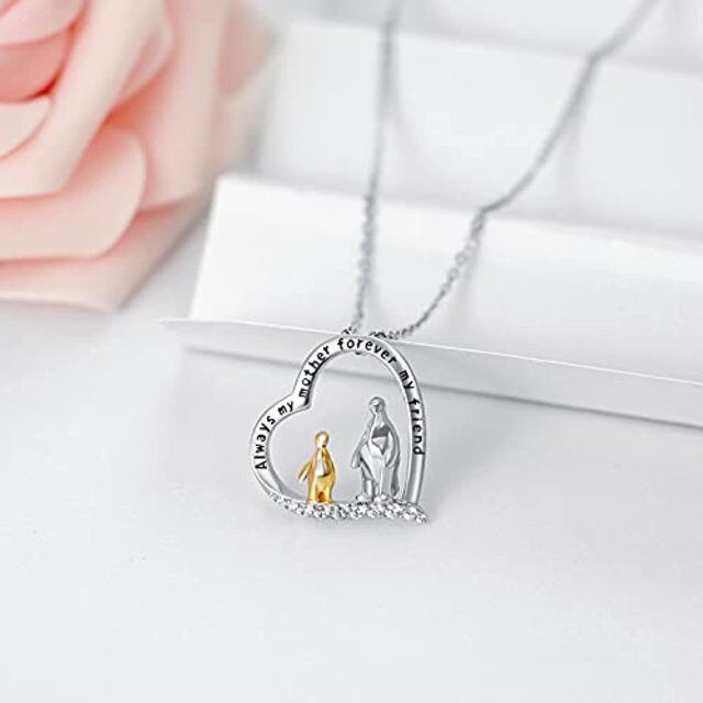 Collar con colgante de corazón de pingüino de plata de ley con circonita cúbica de dos tonos y palabra grabada-4