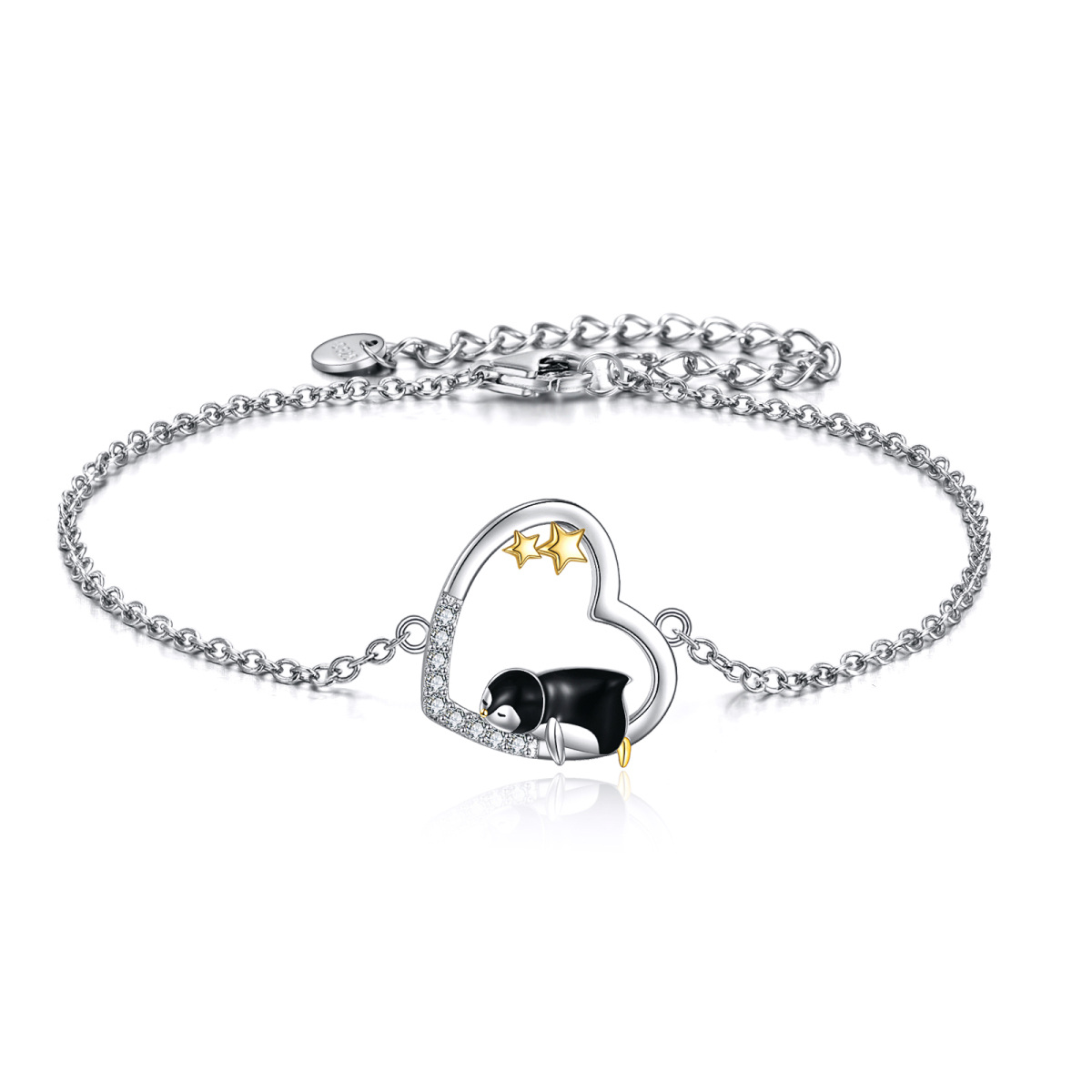 Sterling Silver Two-Tone Cubic Zirconia Penguin & Heart With Star Charm Bracelet For Women-1