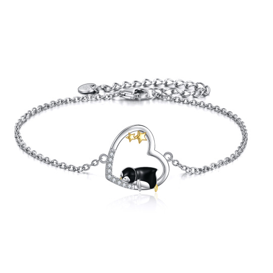 Sterling Silver Two-tone Cubic Zirconia Penguin & Heart & Star Pendant Bracelet