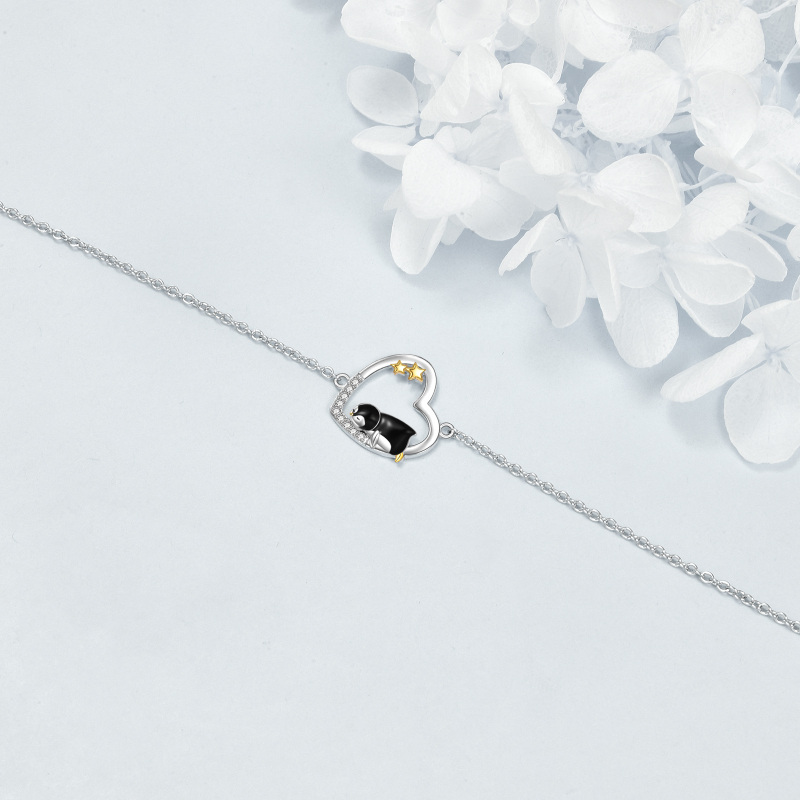 Sterling Silver Two-Tone Cubic Zirconia Penguin & Heart With Star Charm Bracelet For Women-3