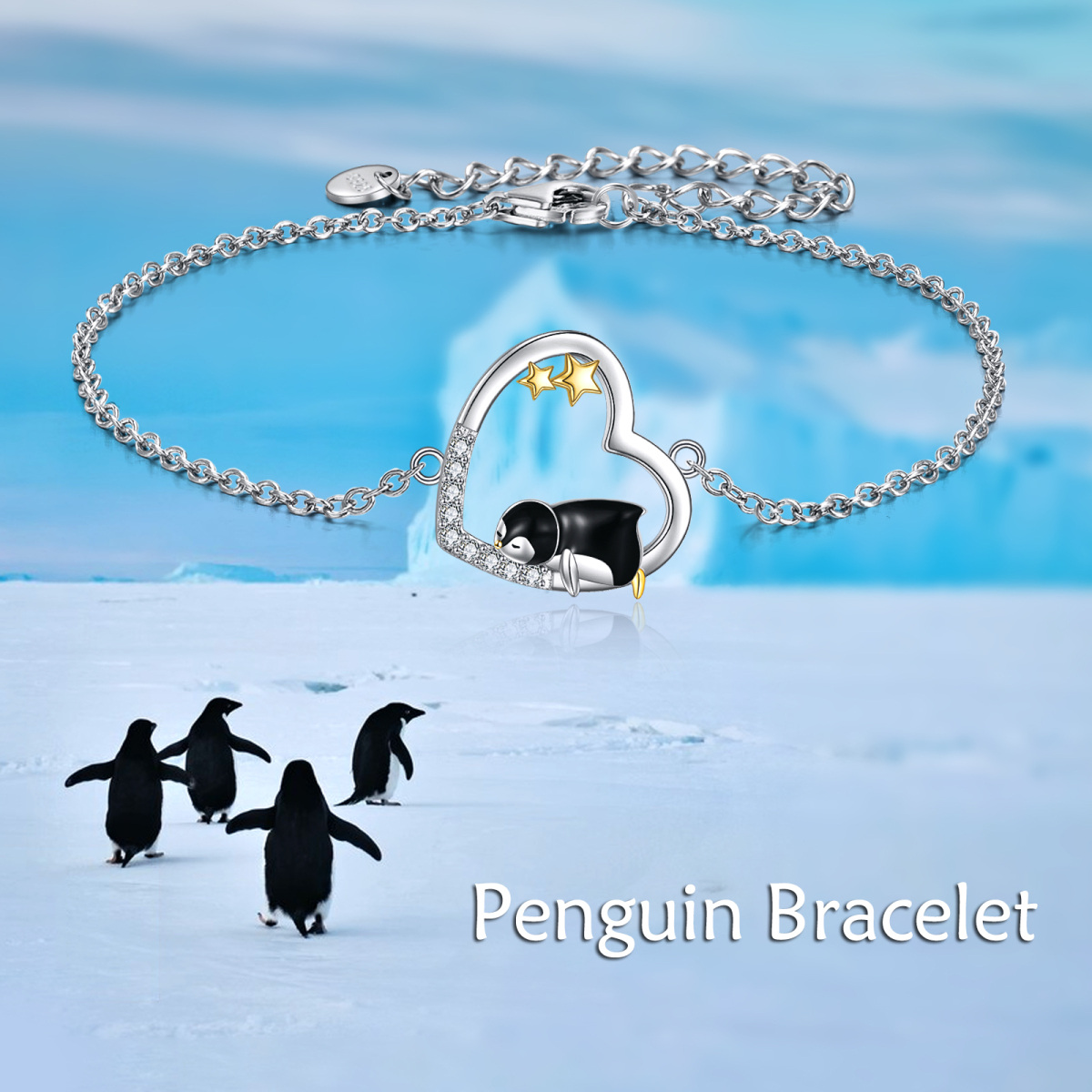 Sterling Silver Two-Tone Cubic Zirconia Penguin & Heart With Star Charm Bracelet For Women-5