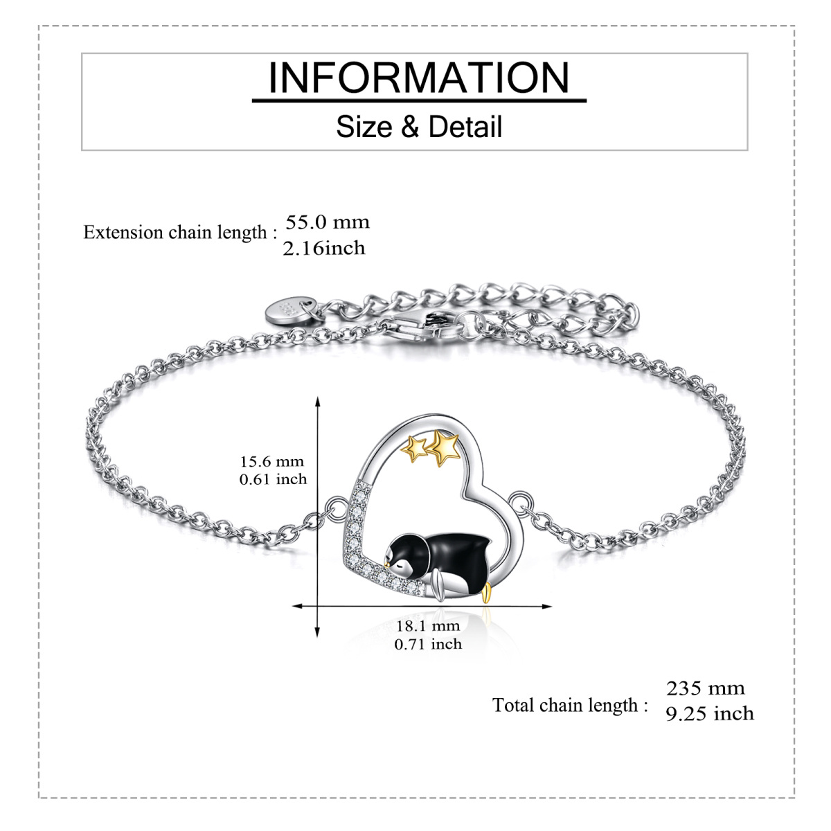 Pulseira de pinguim e coração de zircônia cúbica de dois tons em prata esterlina com pingente de estrela para mulheres-6