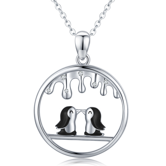 Sterling Silver Two-tone Cubic Zirconia Penguin Lover Pendant Necklace