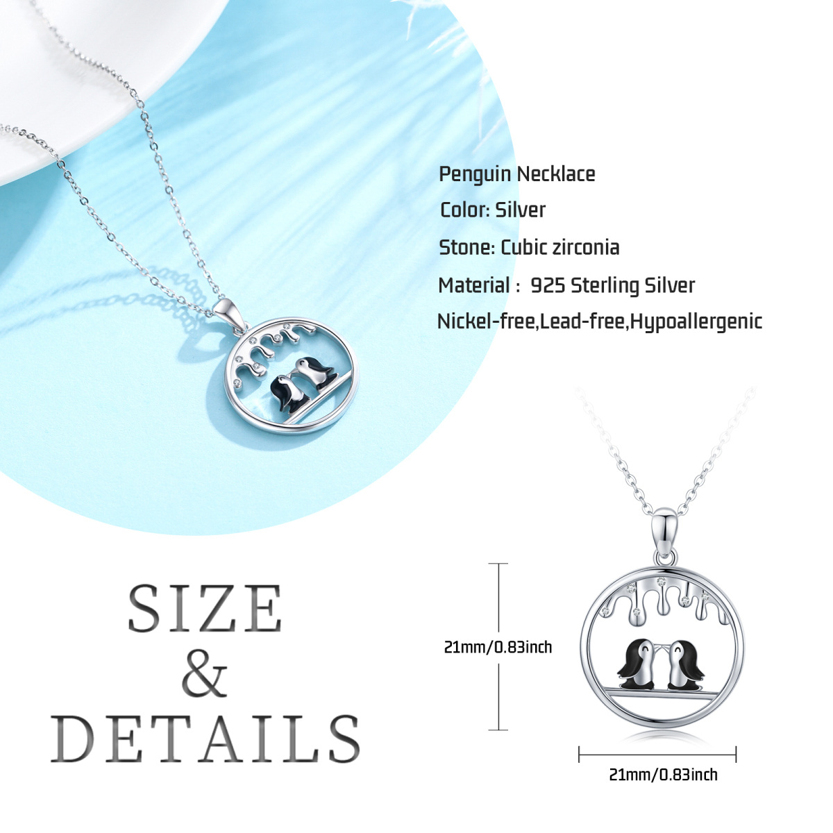 Sterling Silver Two-tone Cubic Zirconia Penguin Lover Pendant Necklace-6