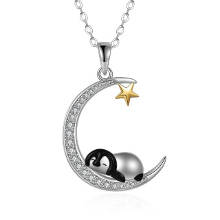 Sterling Silver Two-tone Cubic Zirconia Penguin & Moon Pendant Necklace-2