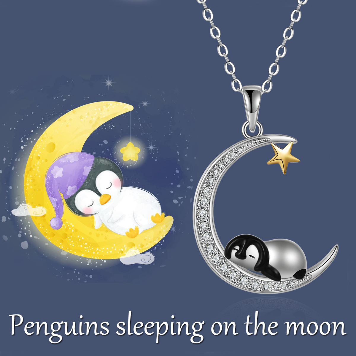 Colar com pingente de pinguim e lua em prata esterlina com zircónias cúbicas de dois tons-3