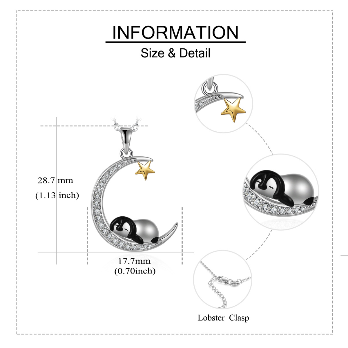 Collier en argent sterling avec pendentif pingouin et lune en zircon cubique bicolore-6