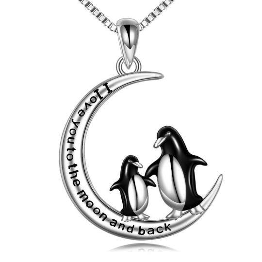 Collar con colgante de plata de ley bicolor Pingüino y Luna con palabra grabada