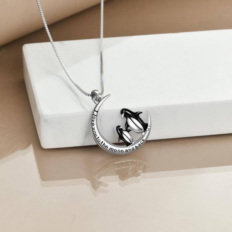 Sterling Silber zweifarbig Pinguin & Mond Anhänger Halskette mit eingraviertem Wort-3