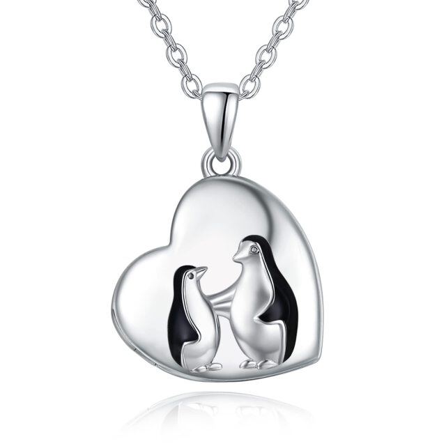 Sterling Silver Two-tone Penguin Personalized Photo Locket Necklace-3