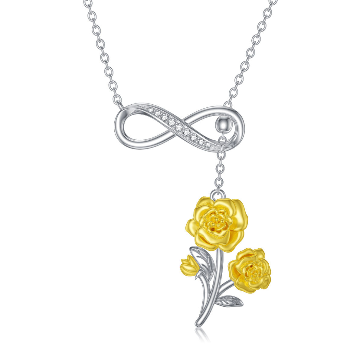 Collier en Y réglable en argent sterling avec zircone cubique bicolore et fleur de pivoine symbole infini-1