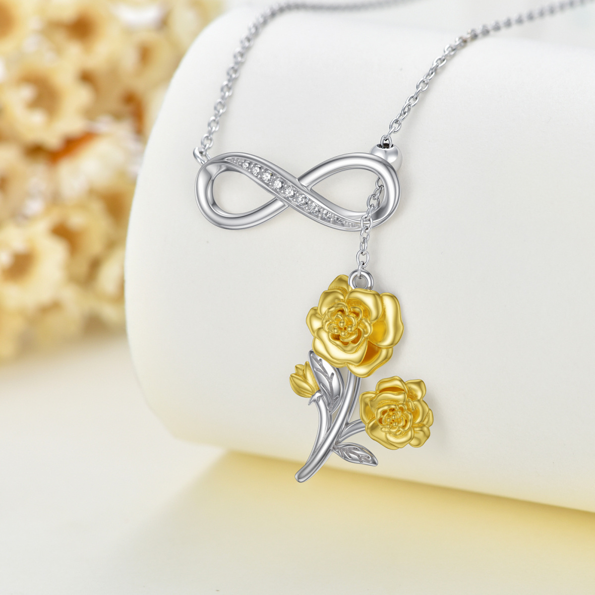 Sterling Silver Two-tone Cubic Zirconia Peony Flower & Infinity Symbol Adjustable Y Necklace-3