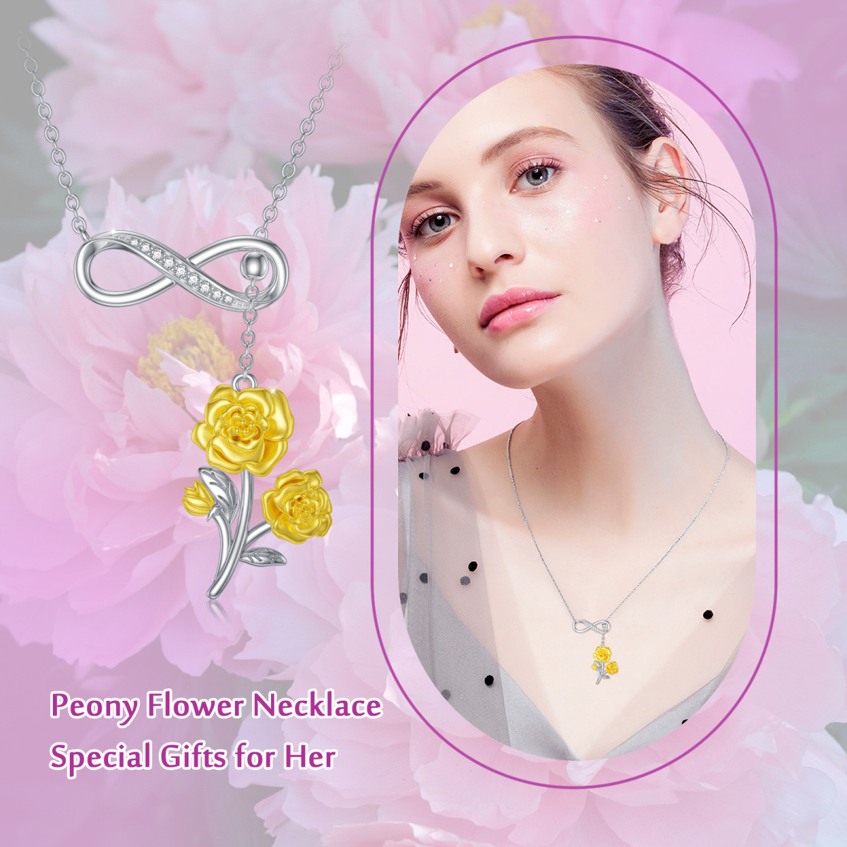 Sterling Silver Two-tone Cubic Zirconia Peony Flower & Infinity Symbol Adjustable Y Necklace-6