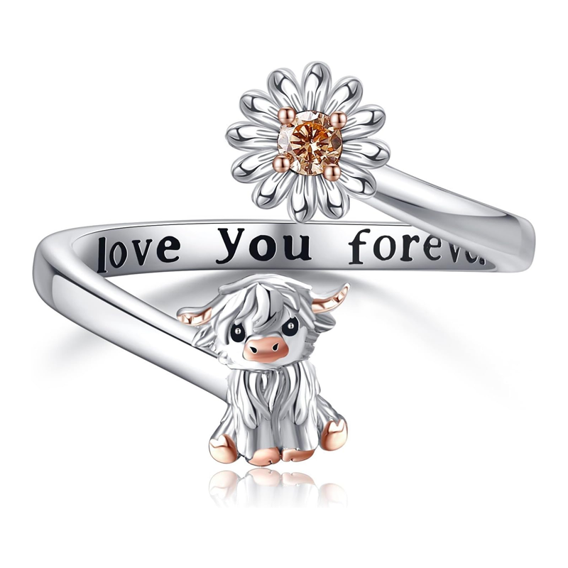 Sterling Silver Two-tone Cubic Zirconia & Personalized Birthstone Engraving Highland Cow & Wildflowers Open Ring-1