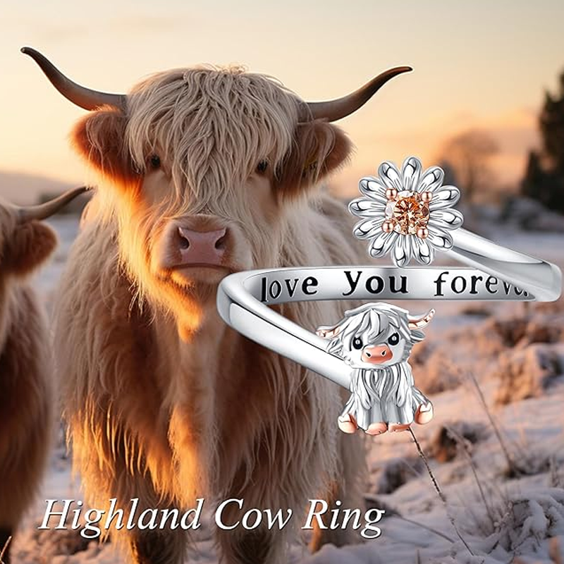 Sterling Silver Two-tone Cubic Zirconia & Personalized Birthstone Engraving Highland Cow & Wildflowers Open Ring-4