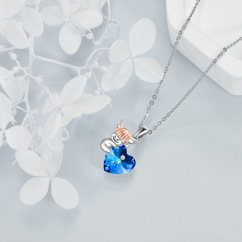 Zweifarbige Halskette aus Sterlingsilber mit personalisiertem Geburtsstein und Herzanhänger mit Hochlandkuh für Damen-3