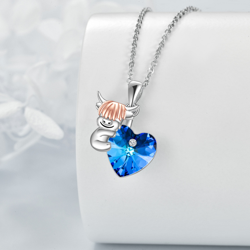 Zweifarbige Halskette aus Sterlingsilber mit personalisiertem Geburtsstein und Herzanhänger mit Hochlandkuh für Damen-4