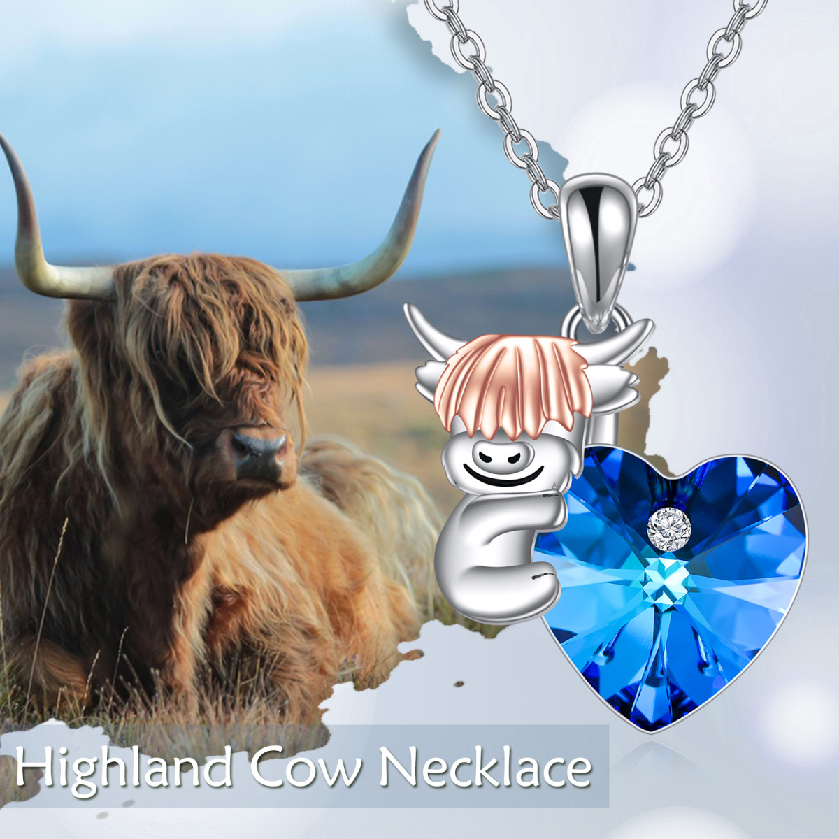 Sterling Silver Two-tone Personalized Birthstone Highland Cow Heart Necklace for Women-6