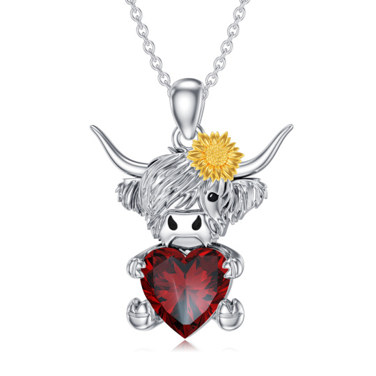 Collana con cuore a forma di mucca delle Highlands, girasole, personalizzata, in argento sterling bicolore, zirconi cubici e pietra portafortuna