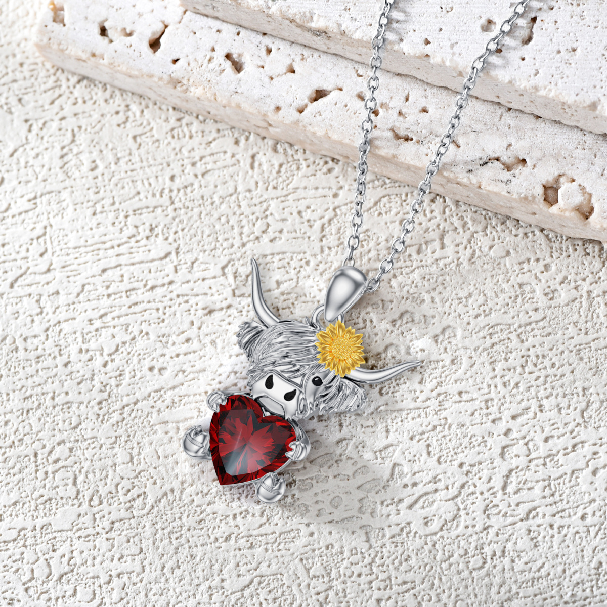 Sterling Silver Two-tone Cubic Zirconia Personalized Birthstone Highland Cow Sunflower Heart Necklace-3