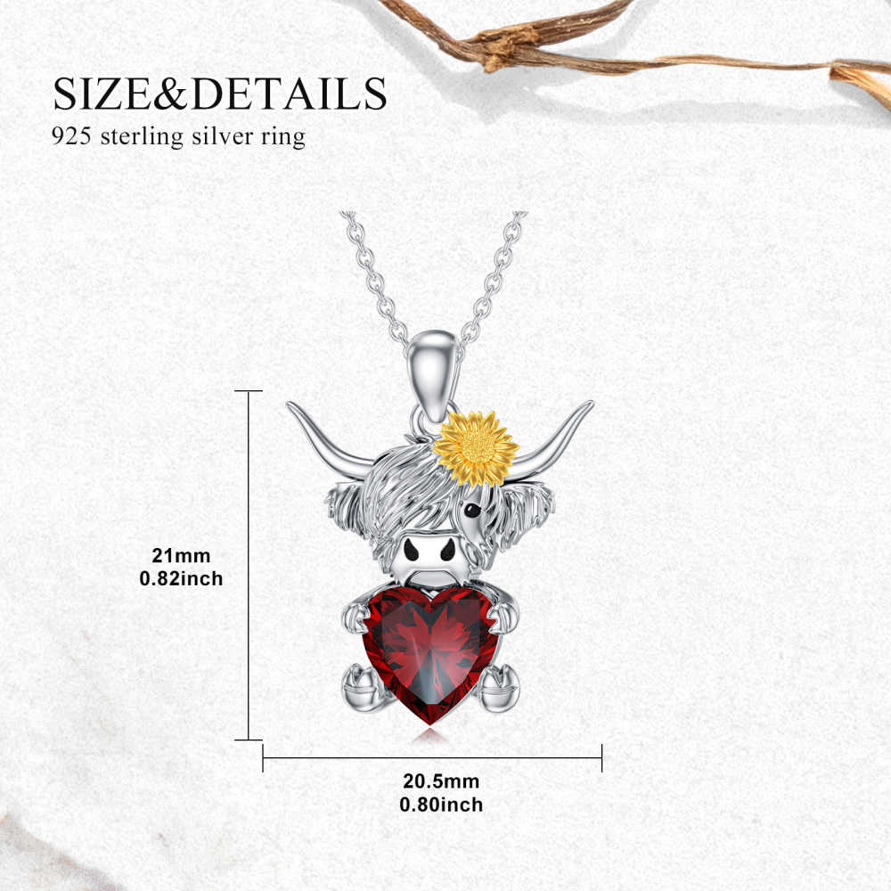 Collier en argent sterling bicolore avec pierre de naissance personnalisée en forme de cœur et de tournesol, motif vache des Highlands et oxyde de zirconium-5