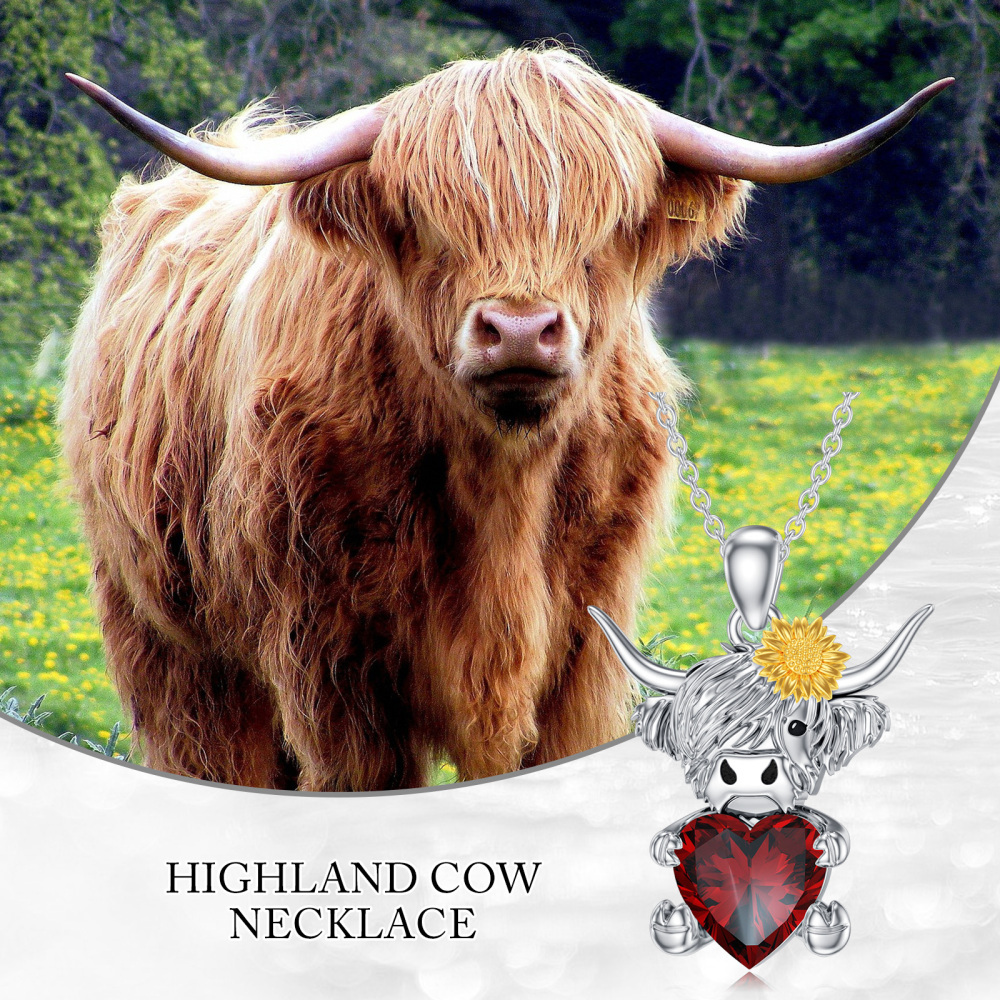 Collier en argent sterling bicolore avec pierre de naissance personnalisée en forme de cœur et de tournesol, motif vache des Highlands et oxyde de zirconium-6