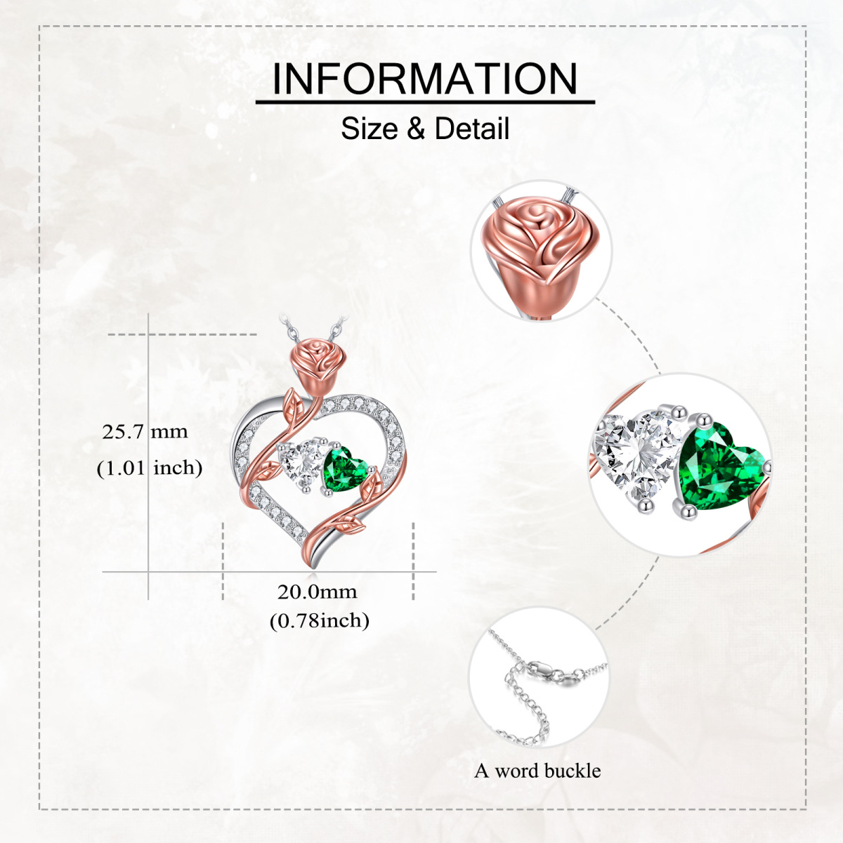 Collar con colgante de corazón de pareja de rosas con piedra de nacimiento personalizada en dos tonos de plata esterlina-5