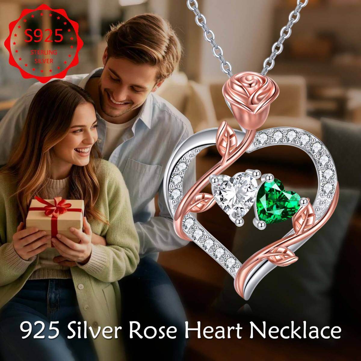 Collar con colgante de corazón de pareja de rosas con piedra de nacimiento personalizada en dos tonos de plata esterlina-6