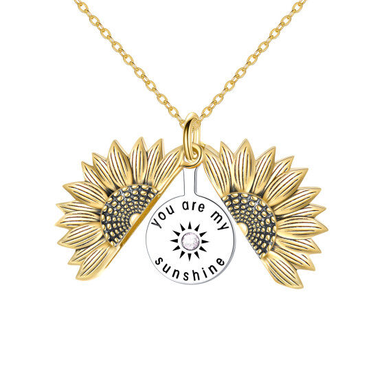 Collana con ciondolo a forma di girasole in argento sterling bicolore con zirconia cubica e pietra di nascita personalizzata con parola incisa