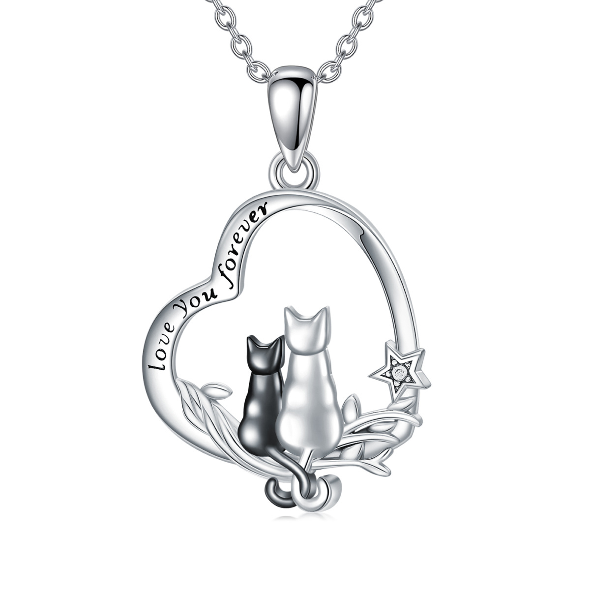 Sterling Silver Two-tone Personalized Engraving Cat Ivy Heart Necklace for Women-1