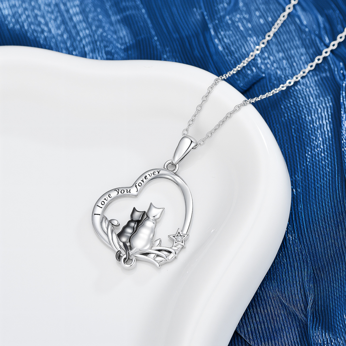 Sterling Silver Two-tone Personalized Engraving Cat Ivy Heart Necklace for Women-3