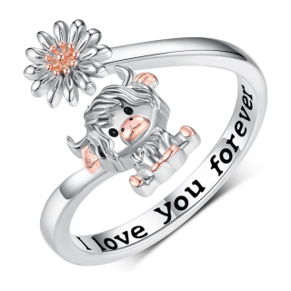 Sterling Silver Two-tone Personalized Engraving Highland Cow Wildflowers Open Ring-1