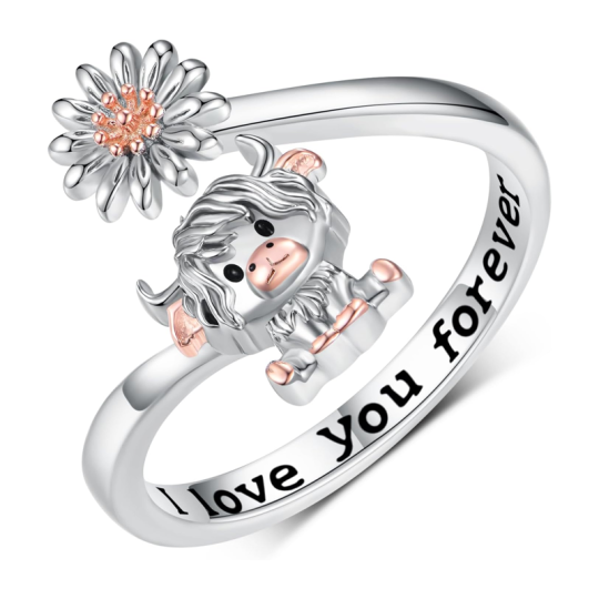 Bague ouverte en argent sterling avec gravure personnalisée bicolore et motif vache des Highlands et fleurs sauvages