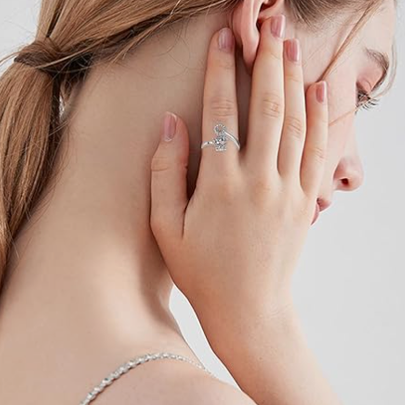 Anel aberto de flores silvestres de vaca das terras altas com gravura personalizada em dois tons de prata esterlina-2