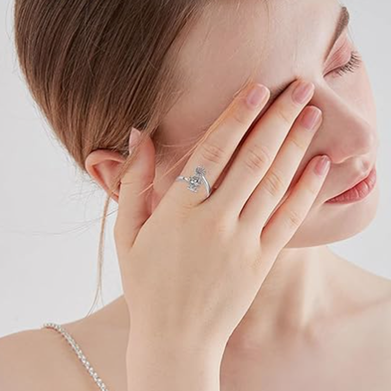 Anel aberto de flores silvestres de vaca das terras altas com gravura personalizada em dois tons de prata esterlina-3