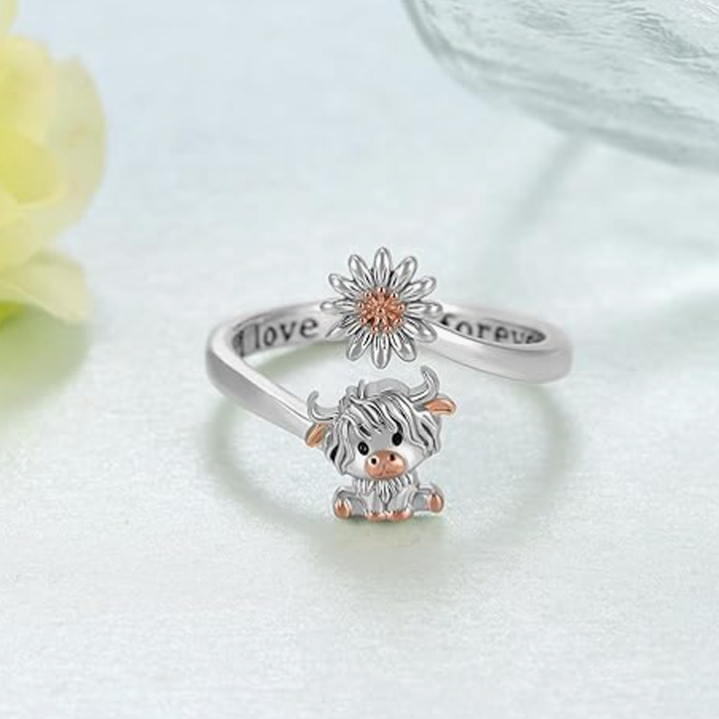 Sterling Silver Two-tone Personalized Engraving Highland Cow Wildflowers Open Ring-4