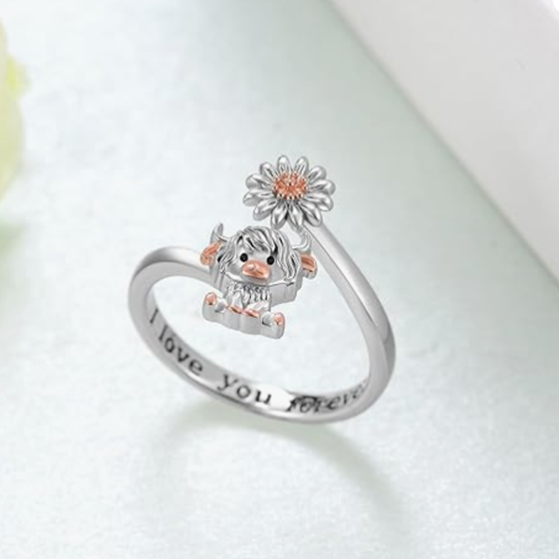 Sterling Silver Two-tone Personalized Engraving Highland Cow Wildflowers Open Ring-5