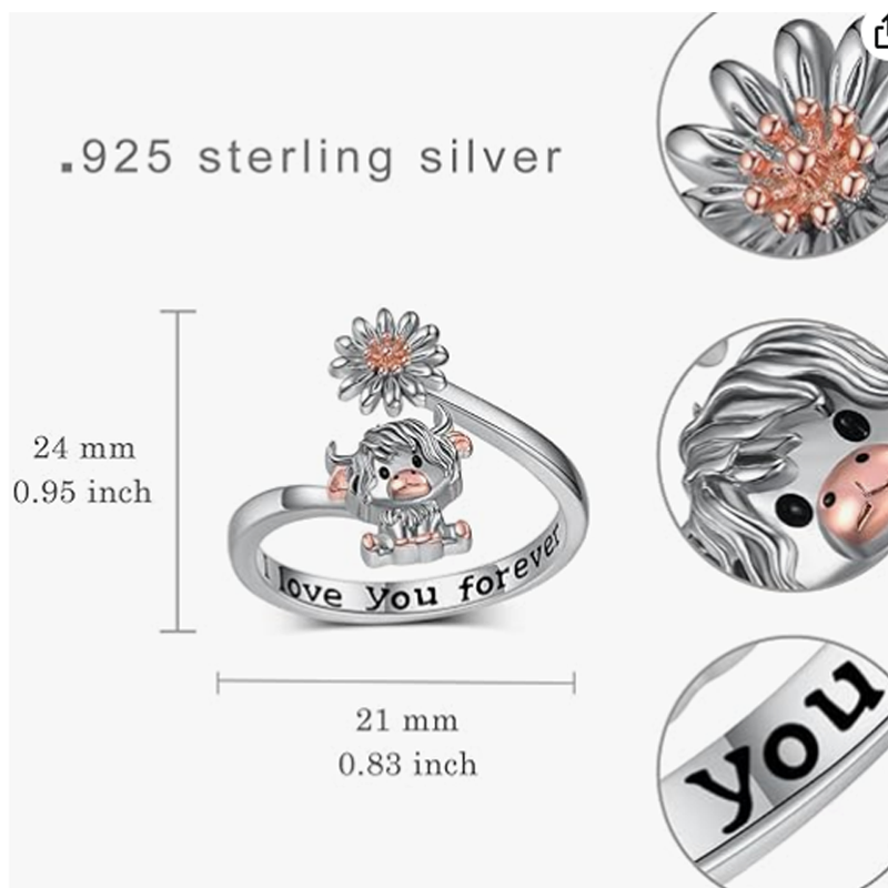 Sterling Silver Two-tone Personalized Engraving Highland Cow Wildflowers Open Ring-6