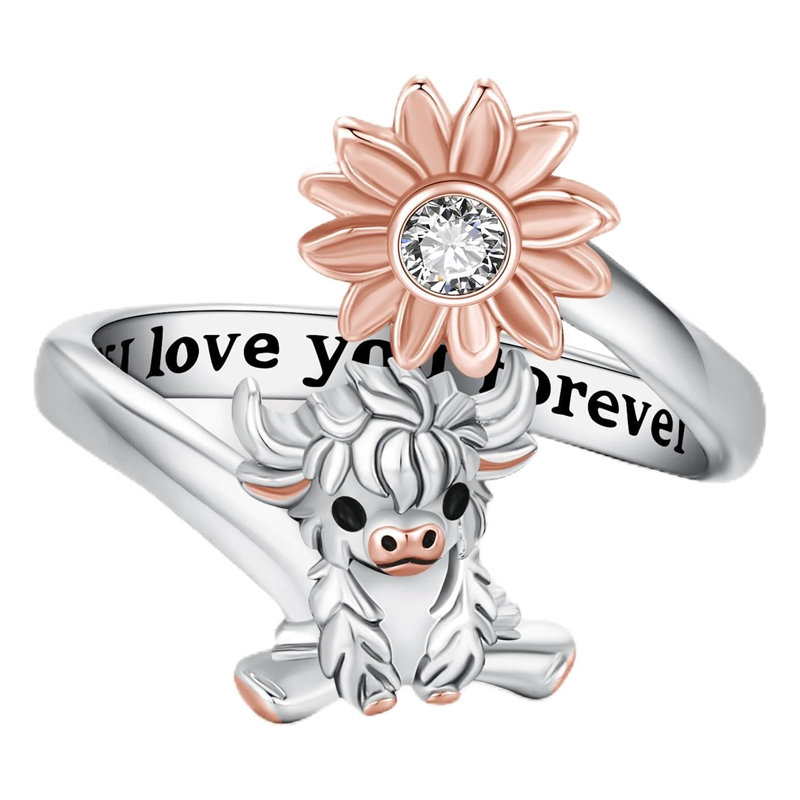 Sterling Silver Two-tone Cubic Zirconia & Personalized Engraving Highland Cow & Wildflowers Open Ring-1