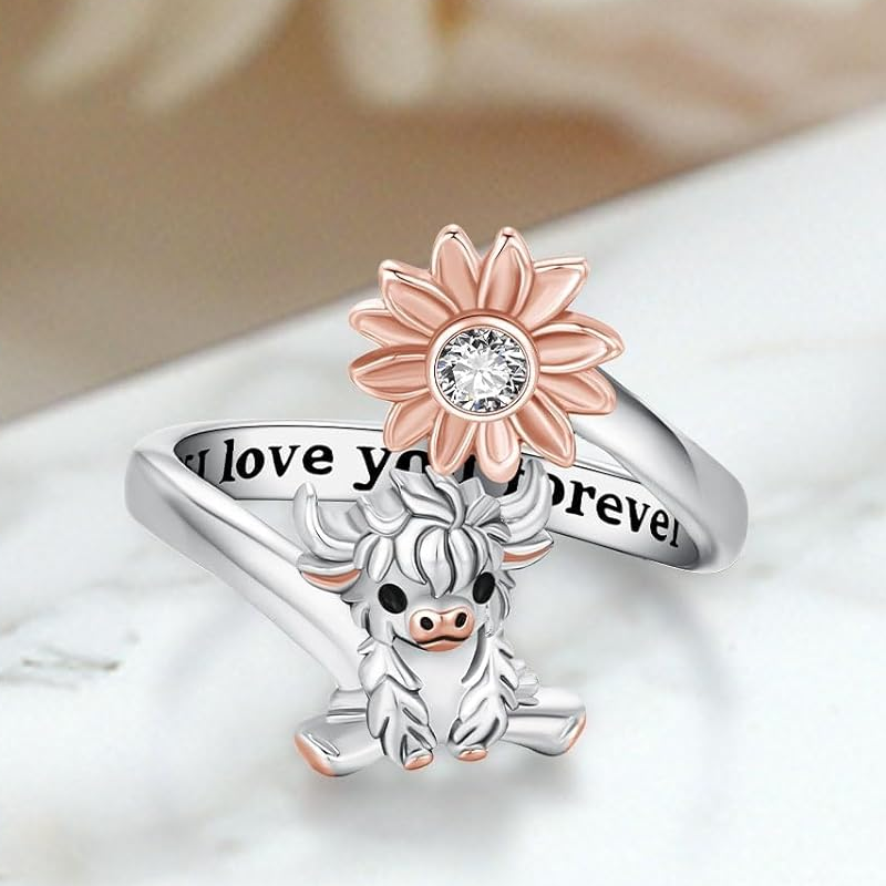 Sterling Silver Two-tone Cubic Zirconia & Personalized Engraving Highland Cow & Wildflowers Open Ring-4