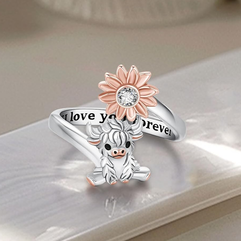 Sterling Silver Two-tone Cubic Zirconia & Personalized Engraving Highland Cow & Wildflowers Open Ring-5