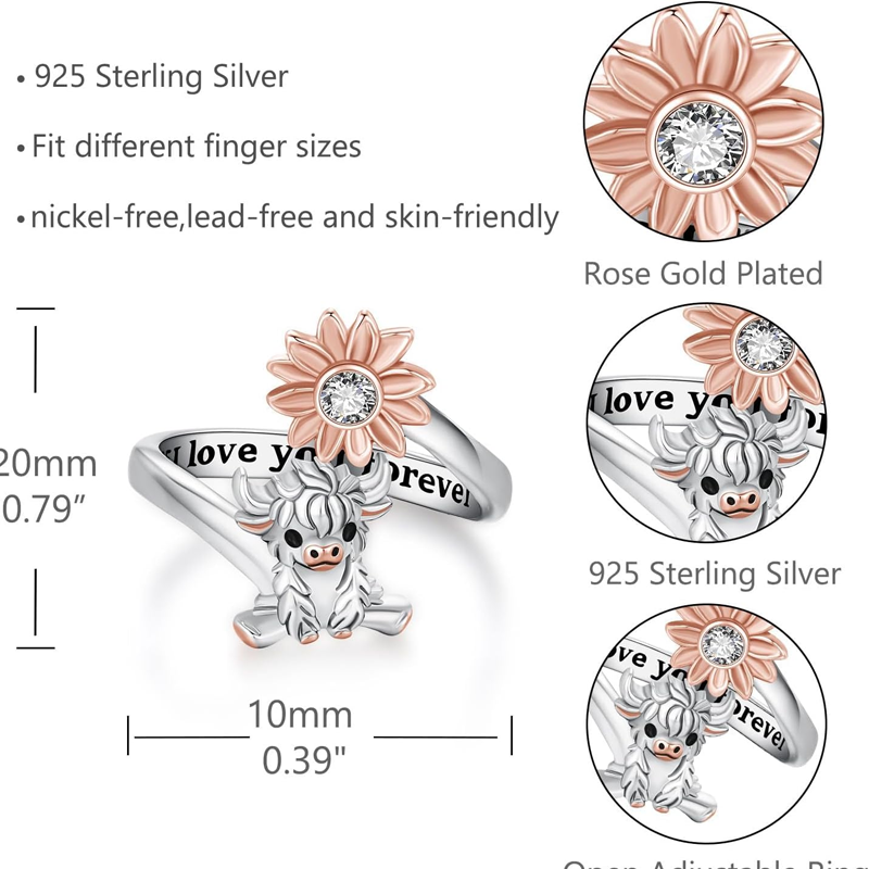 Sterling Silver Two-tone Cubic Zirconia & Personalized Engraving Highland Cow & Wildflowers Open Ring-6