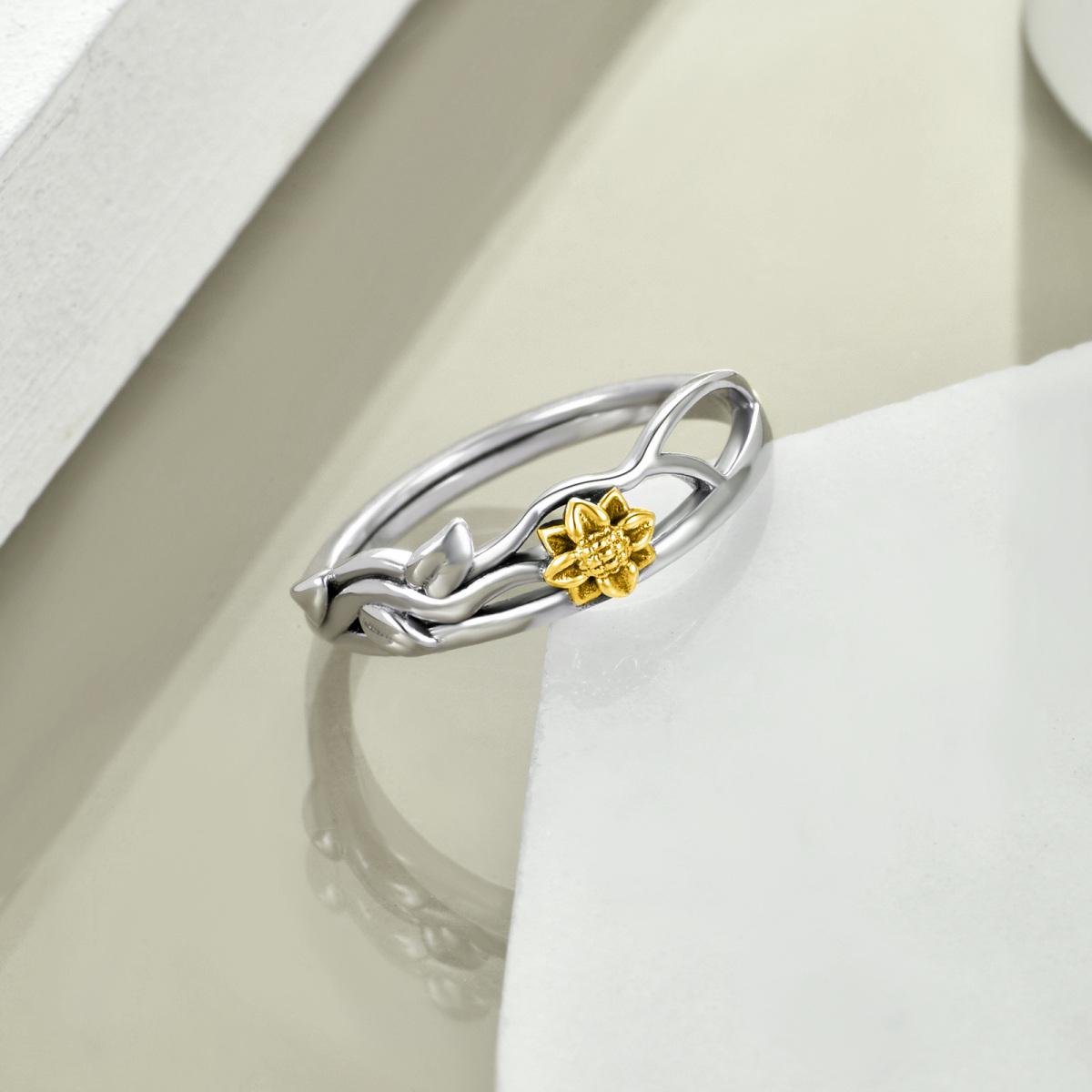 Sterling Silver Two-tone & Personalized Engraving Sunflower Ring-3