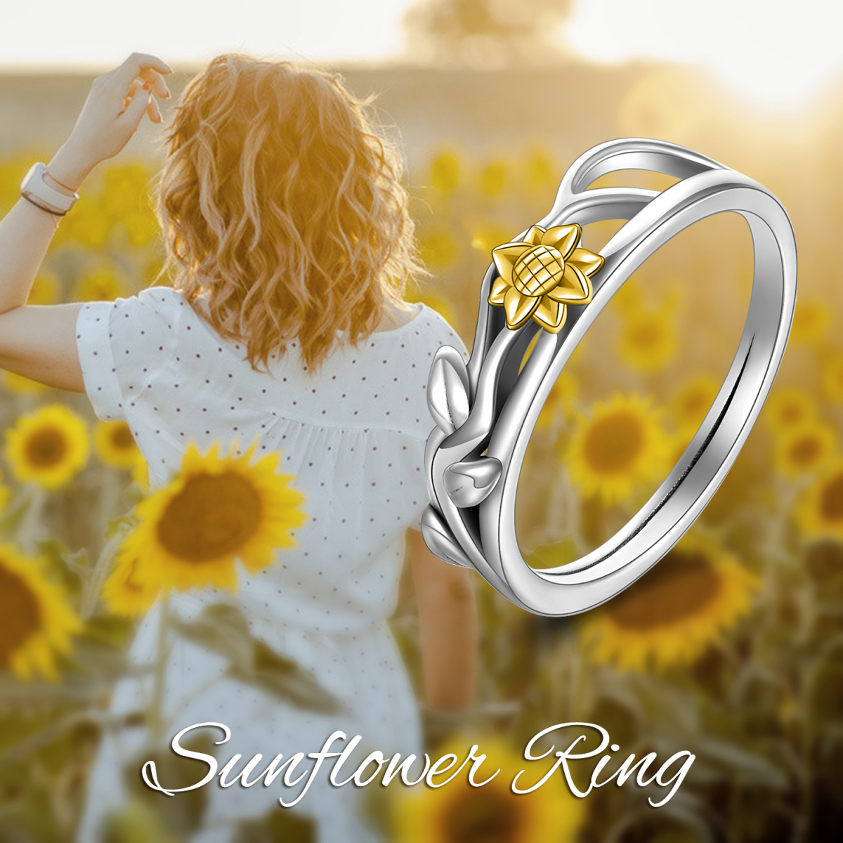 Sterling Silver Two-tone & Personalized Engraving Sunflower Ring-5