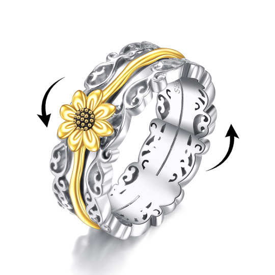 Anillo giratorio de girasol con grabado personalizado en dos tonos de plata esterlina