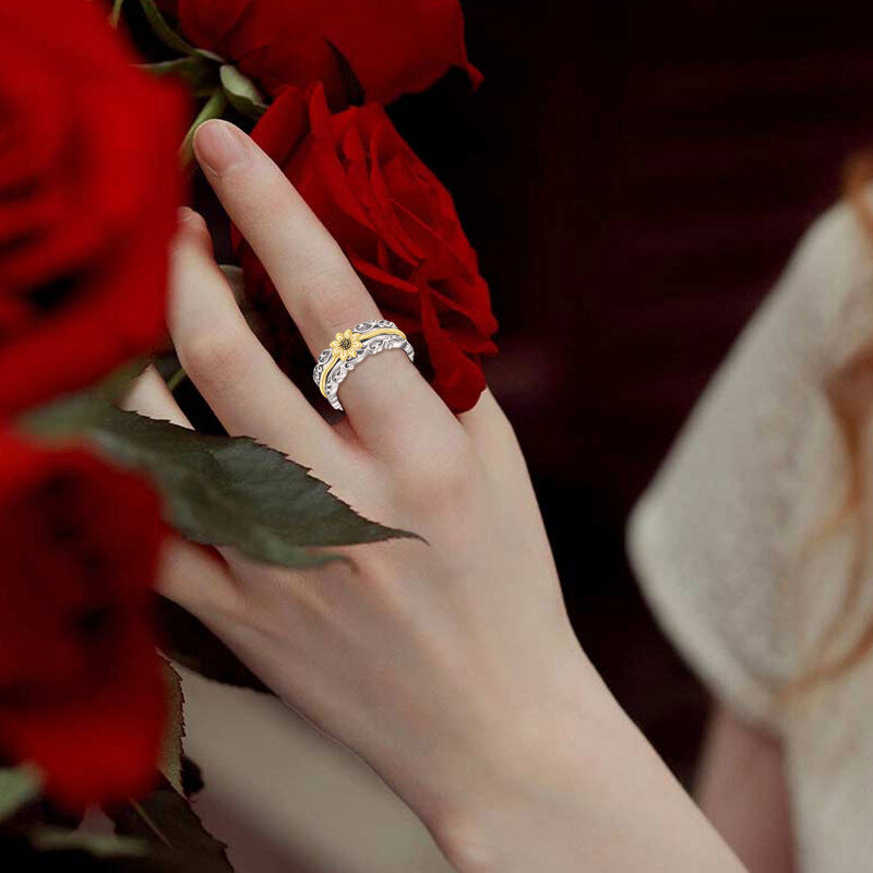 Anel Giratório Girassol Gravura Personalizada em Prata Esterlina Bicolor-2