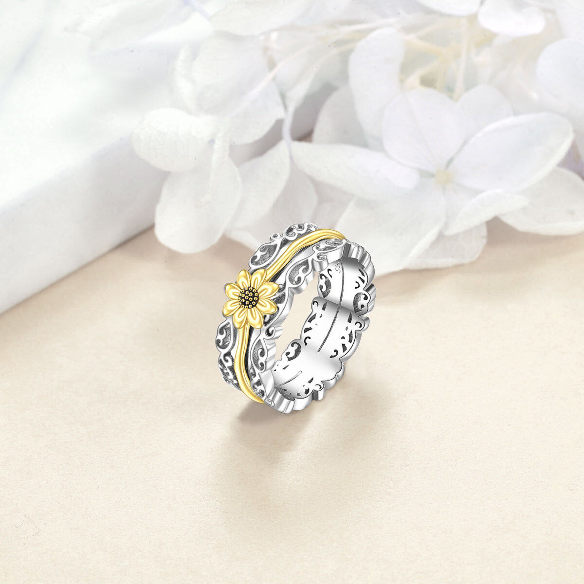 Sterling Silver Two-tone & Personalized Engraving Sunflower Spinner Ring-4