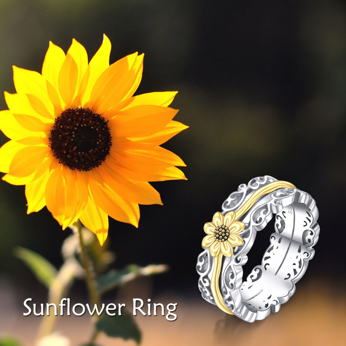 Sterling Silver Two-tone & Personalized Engraving Sunflower Spinner Ring-5