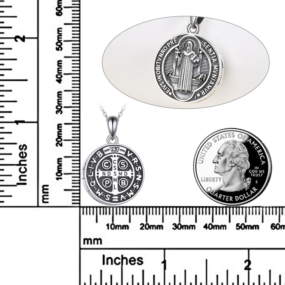 Colar com medalhão fotográfico de joias religiosas de prata esterlina de São Bento-5